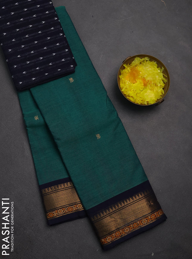 Chettinad cotton saree teal green and navy blue with thread woven buttas and thread & zari woven border