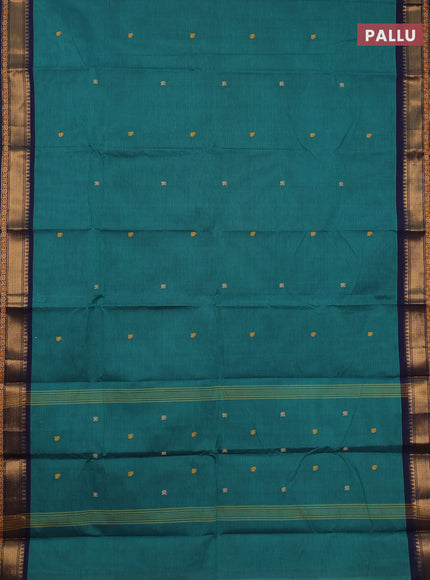 Chettinad cotton saree teal green and navy blue with thread woven buttas and thread & zari woven border
