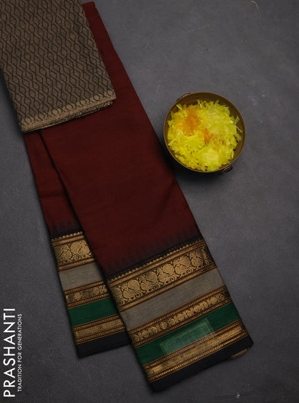 Chettinad cotton saree maroon and grey with plain body and long thread woven border