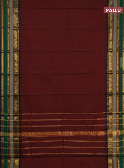 Chettinad cotton saree maroon and grey with plain body and long thread woven border