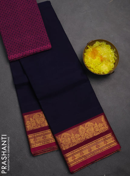 Chettinad cotton saree navy blue and magenta pink with plain body and rettapet zari woven border