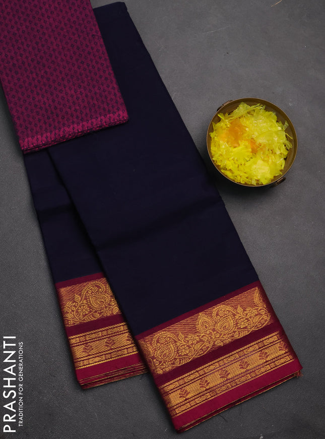 Chettinad cotton saree navy blue and magenta pink with plain body and rettapet zari woven border