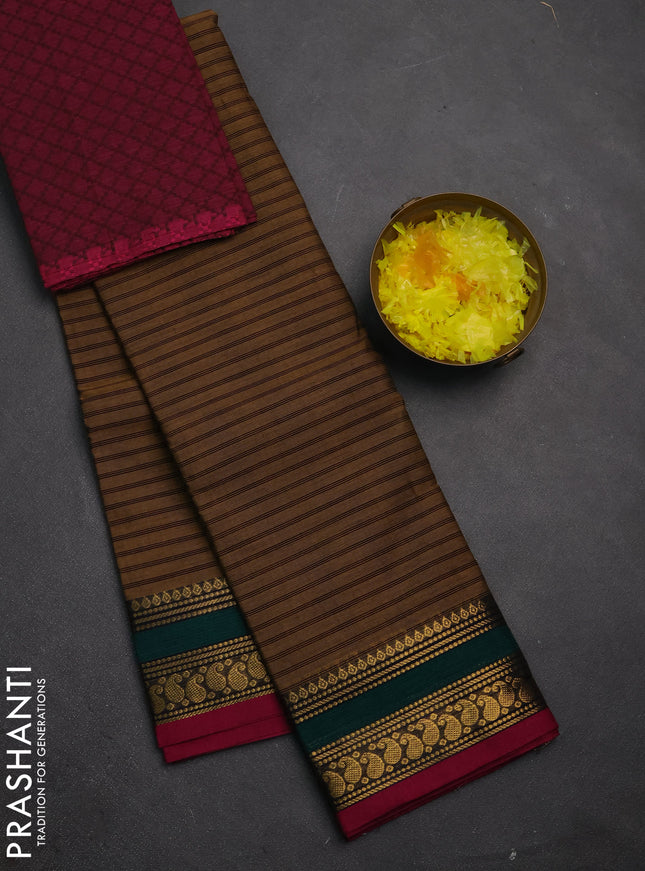 Chettinad cotton saree dark sandal and magenta pink with allover stripes pattern and rettapet zari woven border