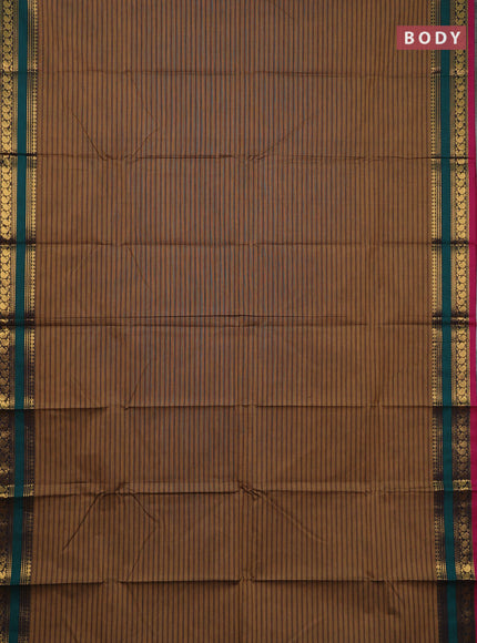 Chettinad cotton saree dark sandal and magenta pink with allover stripes pattern and rettapet zari woven border