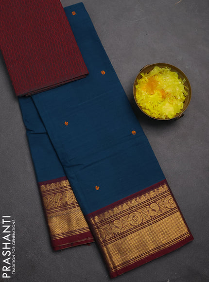 Chettinad cotton saree peacock green and maroon with thread woven buttas and zari woven border