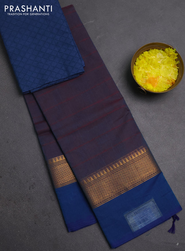Chettinad cotton saree peacock green with plain body and long zari woven simple border
