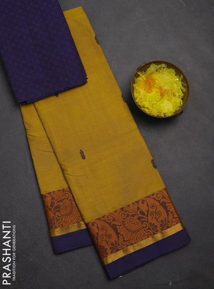 Chettinad cotton saree lime yellow and blue with thread woven buttas and thread woven border