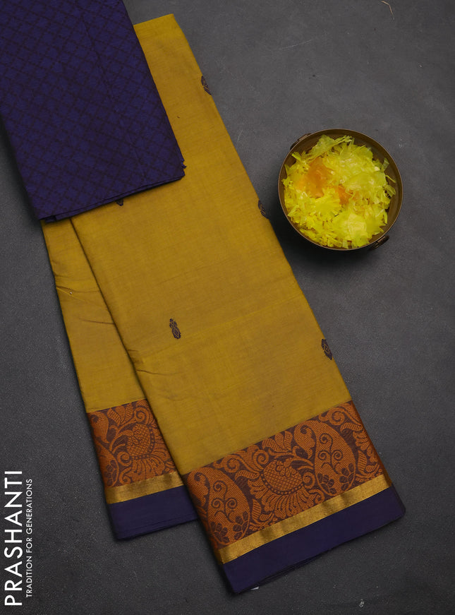 Chettinad cotton saree lime yellow and blue with thread woven buttas and thread woven border