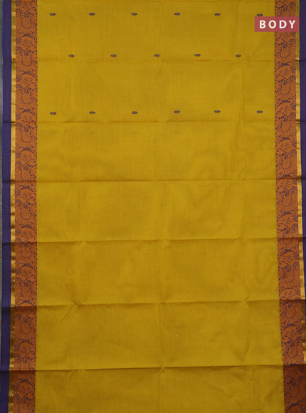 Chettinad cotton saree lime yellow and blue with thread woven buttas and thread woven border