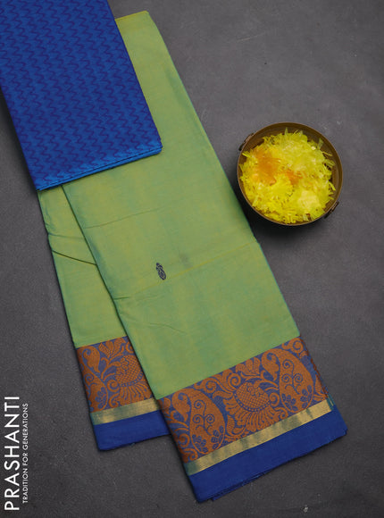 Chettinad cotton saree dual shade of pista green and blue with thread woven buttas and thread woven border