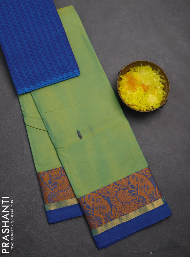 Chettinad cotton saree dual shade of pista green and blue with thread woven buttas and thread woven border