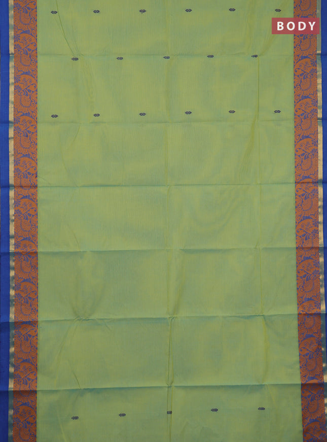Chettinad cotton saree dual shade of pista green and blue with thread woven buttas and thread woven border