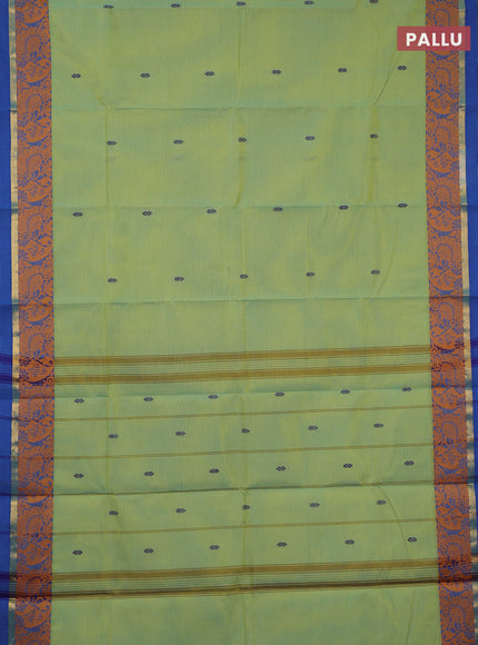 Chettinad cotton saree dual shade of pista green and blue with thread woven buttas and thread woven border