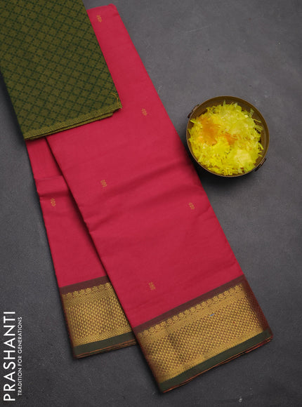 Chettinad cotton saree peach pink and green shade with thread woven buttas and zari woven border
