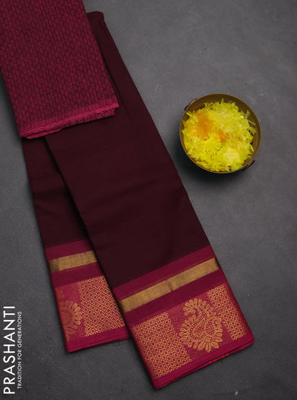 Chettinad cotton saree wine shade and magenta pink with plain body and zari woven border