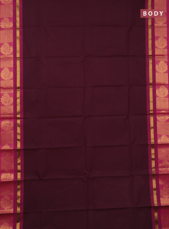 Chettinad cotton saree wine shade and magenta pink with plain body and zari woven border