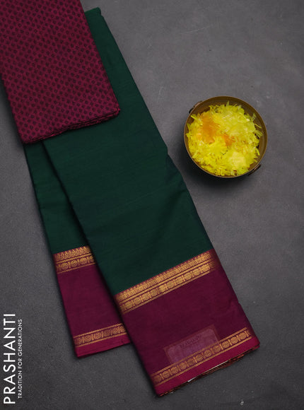 Chettinad cotton saree bottle green and purple with plain body and rettapet zari woven border