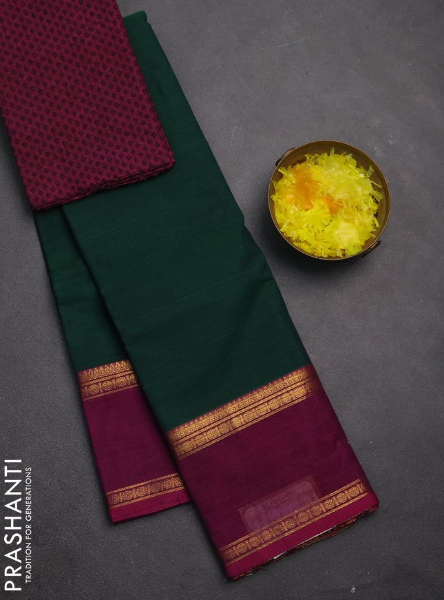 Chettinad cotton saree bottle green and purple with plain body and rettapet zari woven border