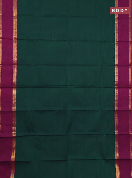 Chettinad cotton saree bottle green and purple with plain body and rettapet zari woven border