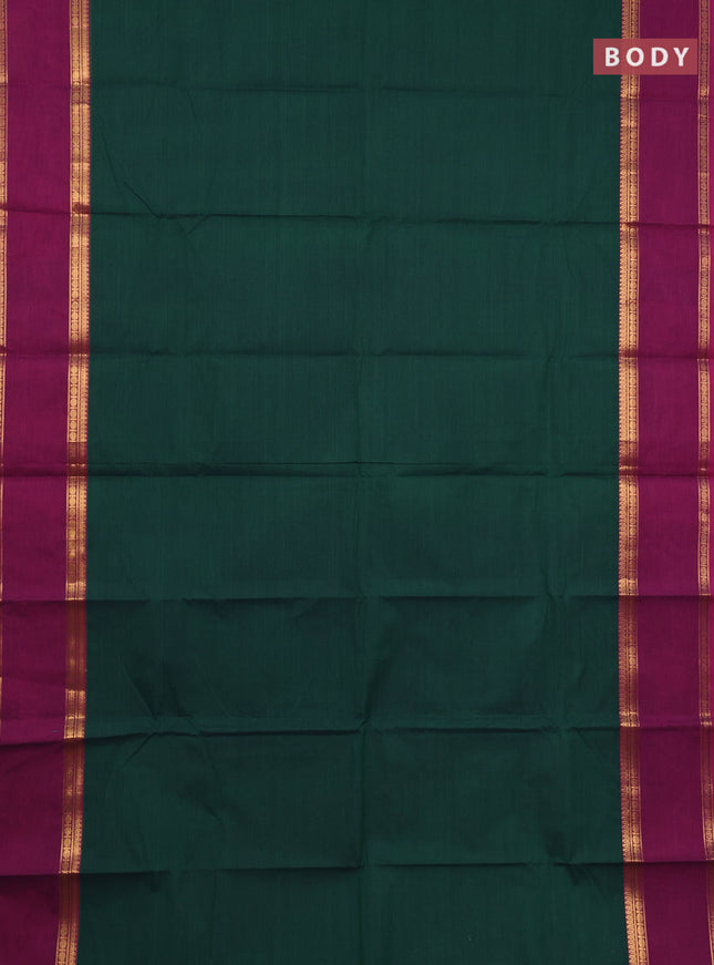 Chettinad cotton saree bottle green and purple with plain body and rettapet zari woven border