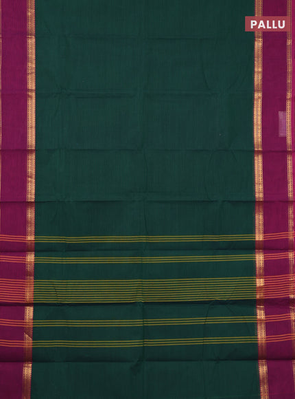 Chettinad cotton saree bottle green and purple with plain body and rettapet zari woven border