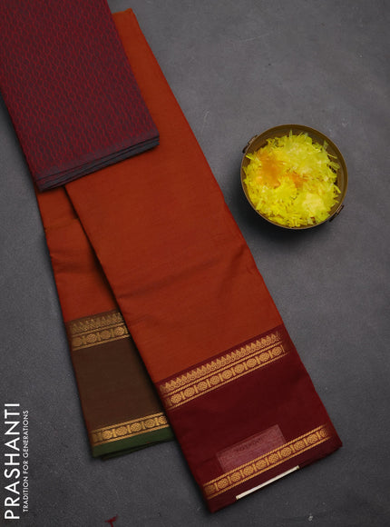 Chettinad cotton saree dark mustard and dual shade of maroon with plain body and ganga jamuna border