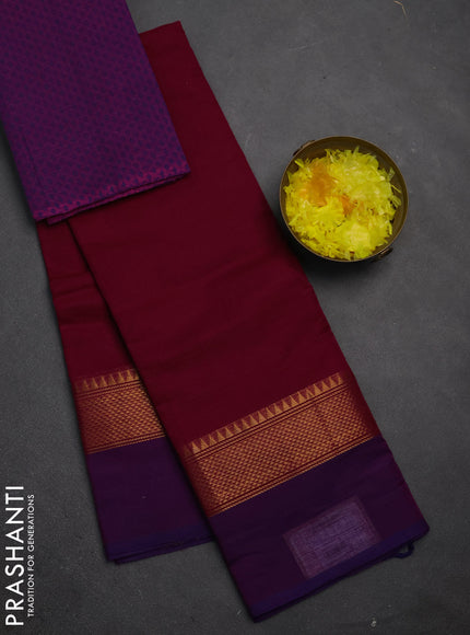 Chettinad cotton saree magenta pink and purple with allover stripe pattern and long zari woven simple border