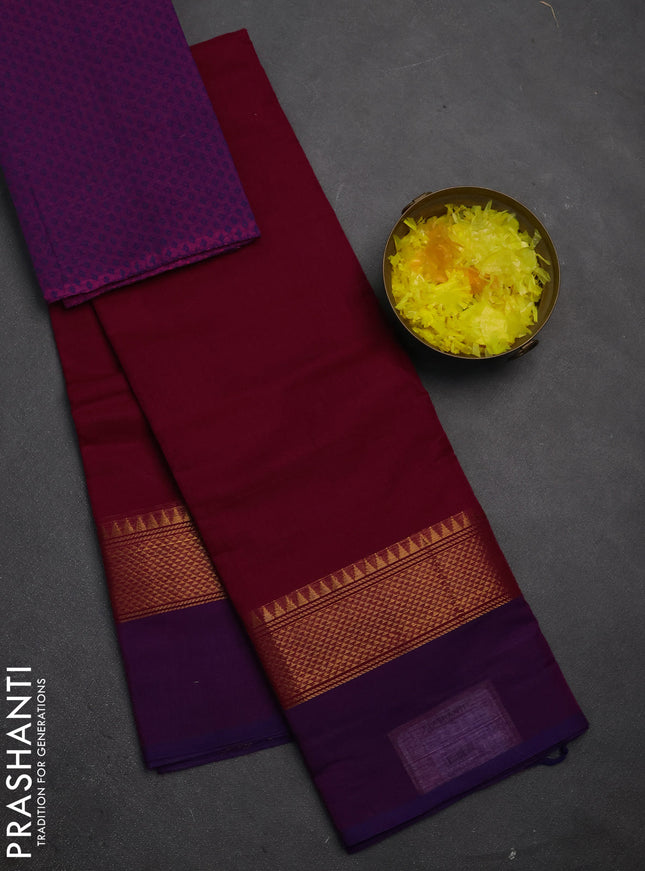 Chettinad cotton saree magenta pink and purple with allover stripe pattern and long zari woven simple border