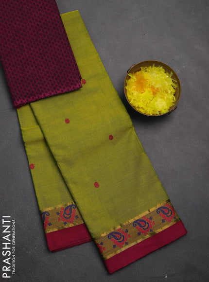 Chettinad cotton saree light green and dark magenta with thread woven buttas and thread woven border