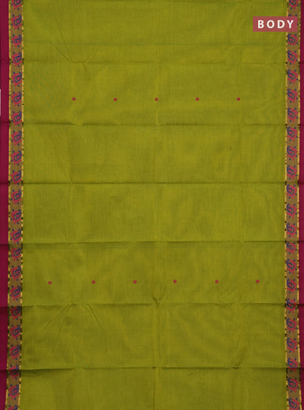 Chettinad cotton saree light green and dark magenta with thread woven buttas and thread woven border