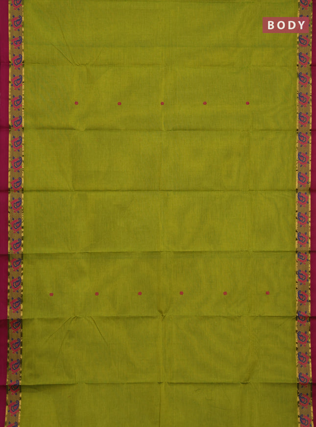 Chettinad cotton saree light green and dark magenta with thread woven buttas and thread woven border