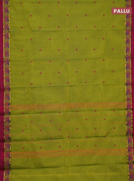 Chettinad cotton saree light green and dark magenta with thread woven buttas and thread woven border
