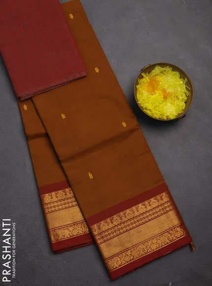 Chettinad cotton saree dark mustard and rust shade with thread woven buttas and zari woven border
