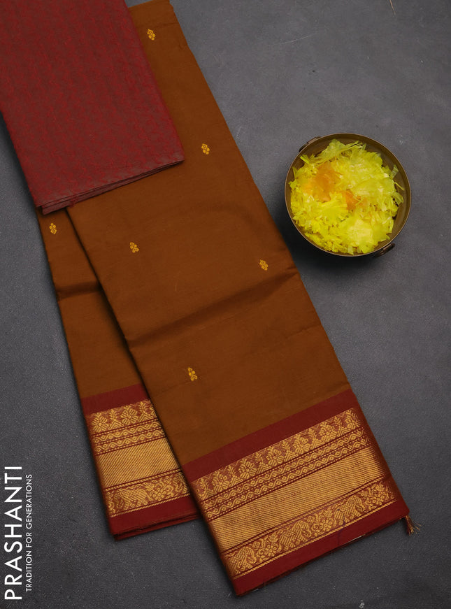 Chettinad cotton saree dark mustard and rust shade with thread woven buttas and zari woven border