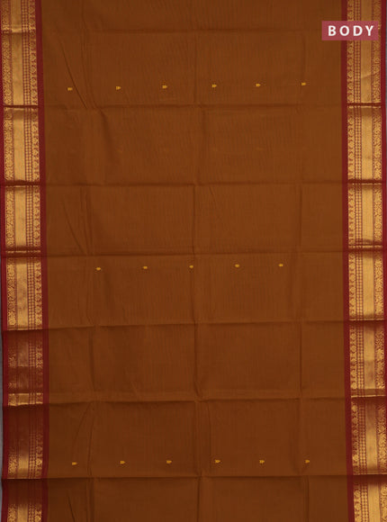 Chettinad cotton saree dark mustard and rust shade with thread woven buttas and zari woven border