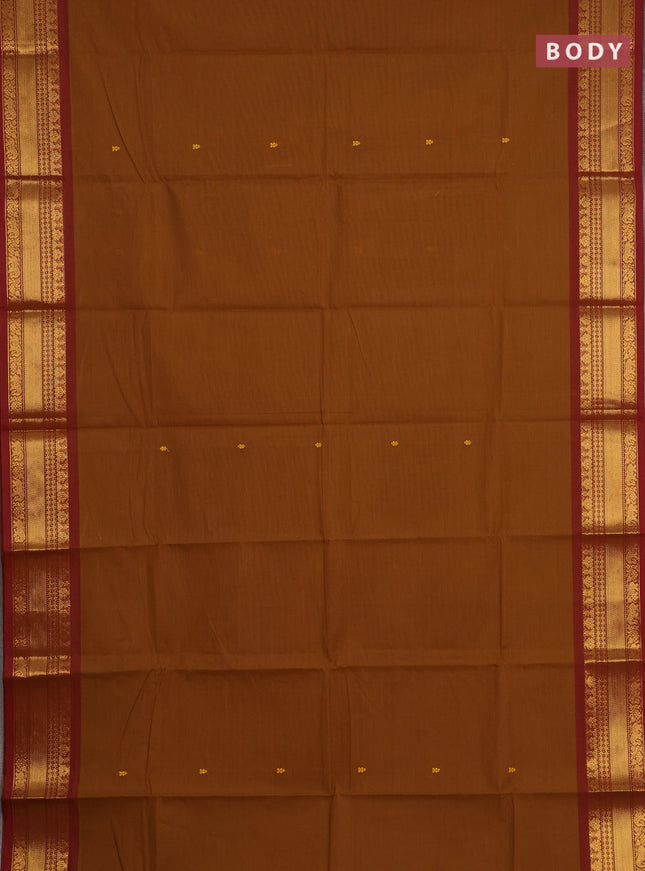 Chettinad cotton saree dark mustard and rust shade with thread woven buttas and zari woven border