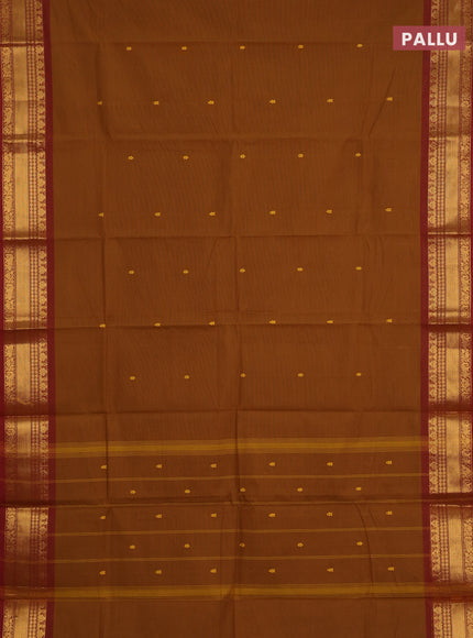 Chettinad cotton saree dark mustard and rust shade with thread woven buttas and zari woven border