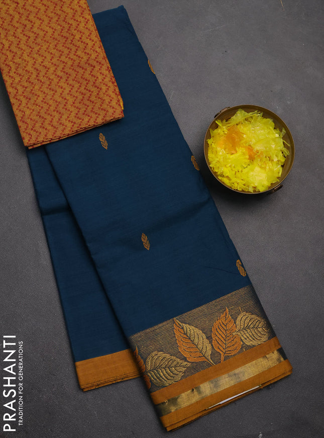 Chettinad cotton saree peacock green and mustard yellow with thread woven buttas and thread & zari woven border