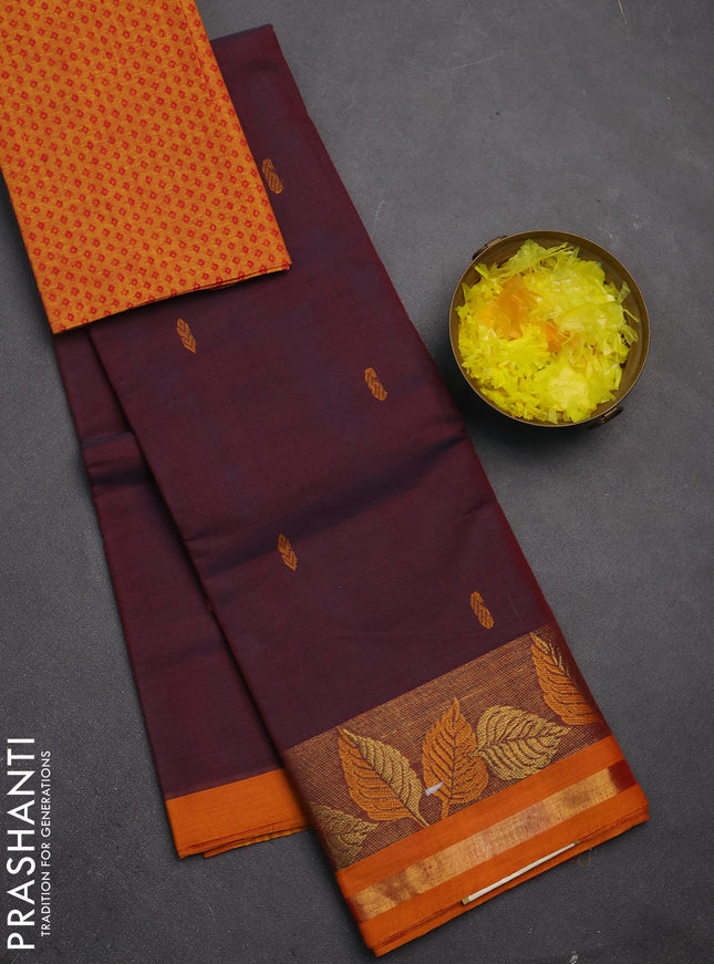 Chettinad cotton saree maroon shade and mustard yellow with thread woven buttas and thread & zari woven border