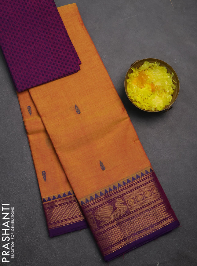Chettinad cotton saree mustard yellow and purple with thread woven buttas and zari woven border