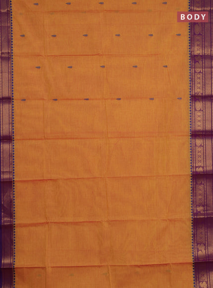 Chettinad cotton saree mustard yellow and purple with thread woven buttas and zari woven border