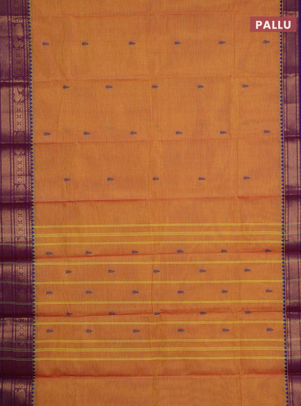 Chettinad cotton saree mustard yellow and purple with thread woven buttas and zari woven border