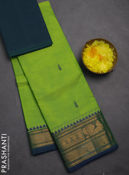 Chettinad cotton saree light green and peacock green with thread woven buttas and zari woven border