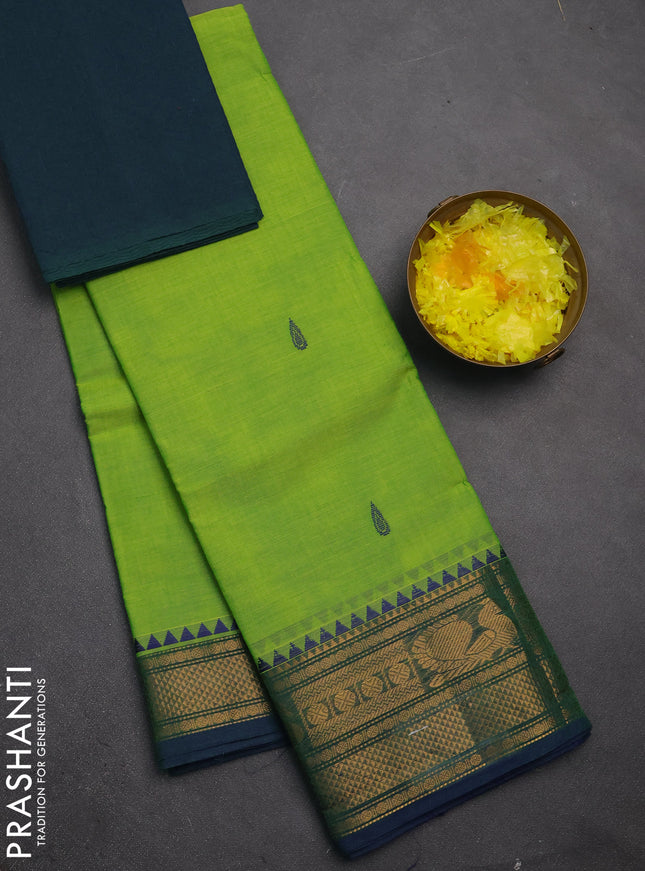 Chettinad cotton saree light green and peacock green with thread woven buttas and zari woven border