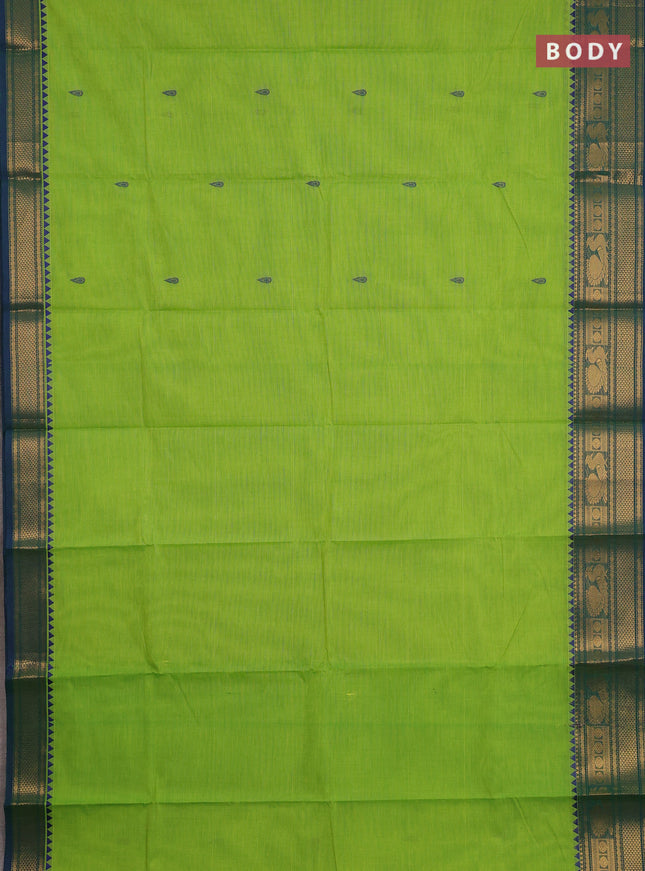 Chettinad cotton saree light green and peacock green with thread woven buttas and zari woven border
