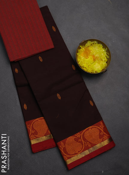 Chettinad cotton saree dark coffee brown and maroon with thread woven buttas and thread woven border