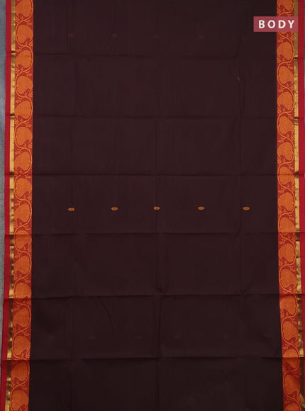 Chettinad cotton saree dark coffee brown and maroon with thread woven buttas and thread woven border