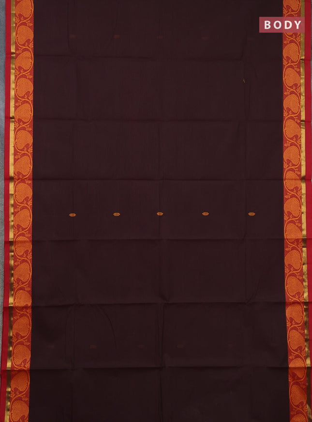 Chettinad cotton saree dark coffee brown and maroon with thread woven buttas and thread woven border