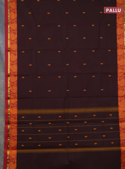 Chettinad cotton saree dark coffee brown and maroon with thread woven buttas and thread woven border