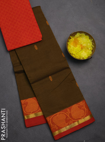 Chettinad cotton saree olive green and red with thread woven buttas and thread woven border